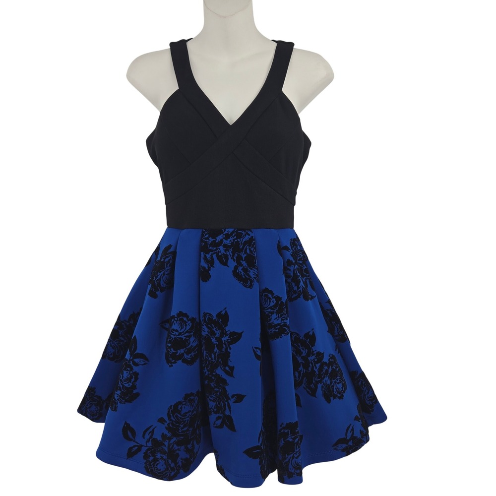 Crystal Doll Fit and Flare Dress Women Size 1 Black Blue Floral Sleeveless Party